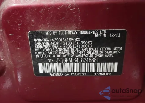 2014 Subaru Impreza 2.0I Sport Premium from USA, damaged, VIN JF1GPAL64E8248881